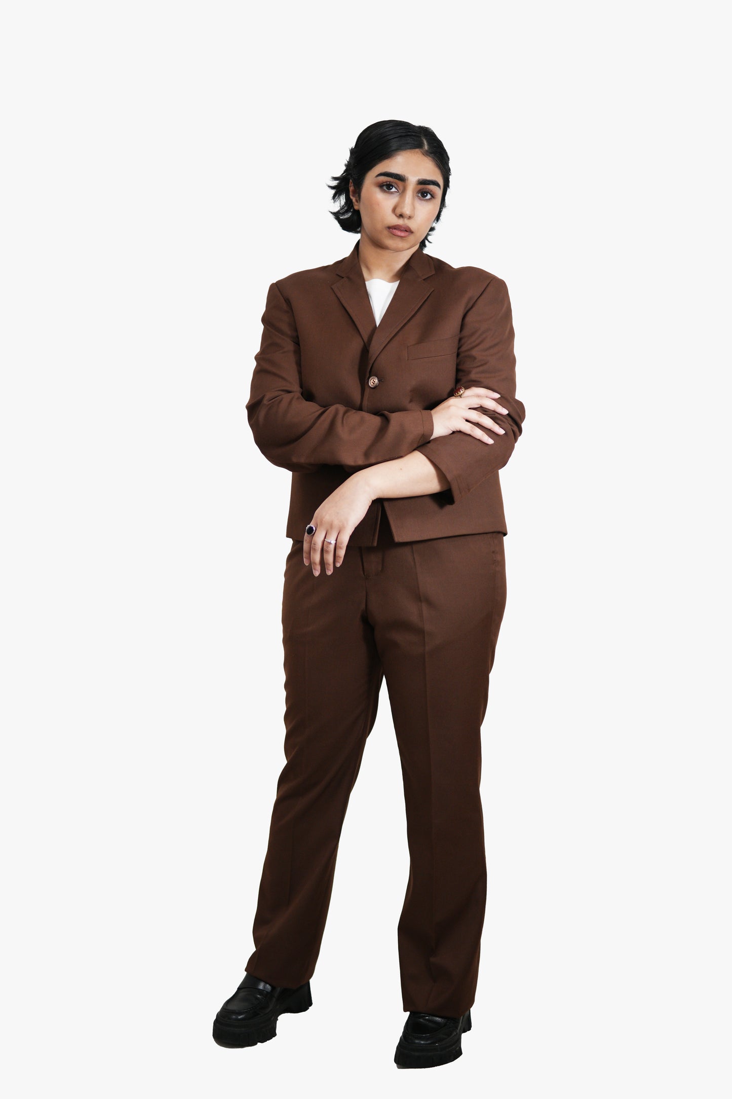 MITTI Brown Cropped Blazer and Flare Pants